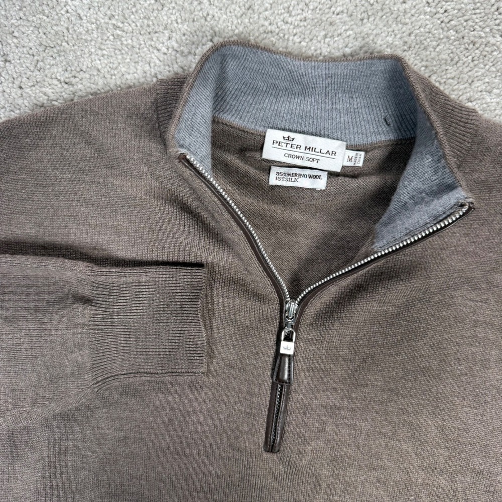 Peter Millar Crown Soft Mens M Brown Merino Silk 1/4 Zip Pullover Sweater READ - Picture 5 of 11